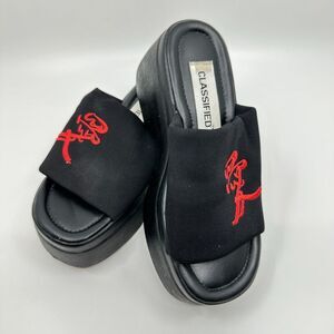 90s Y2K Classified Wedge Sandals Sz 5.5 Black Faux Leather Slip On Open Toe Rave